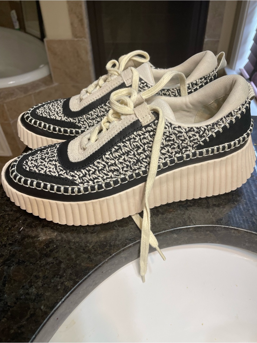 Dolce Vita Black and Cream Woven Platform Sneakers with box